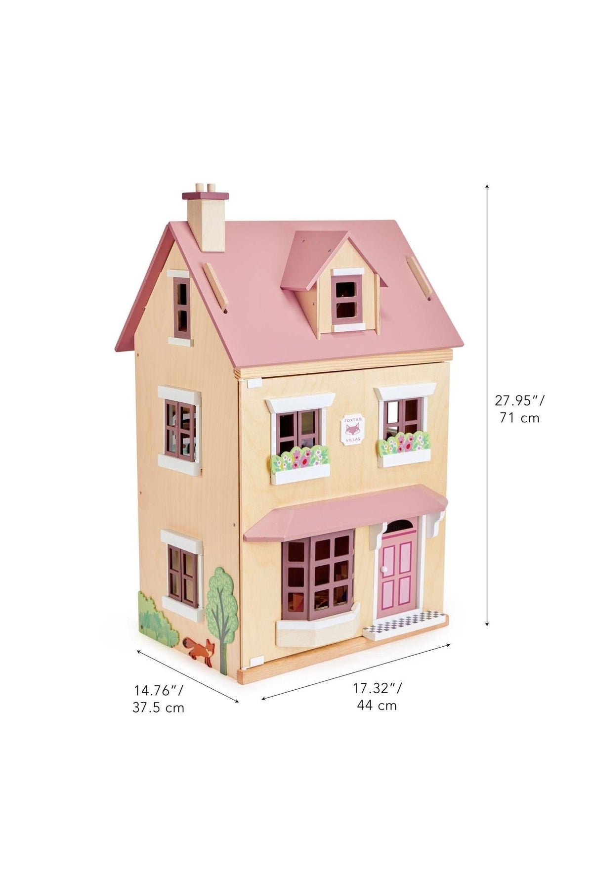 A charming wooden dollhouse with a pink roof, detailed windows, and colorful flower boxes, perfect for imaginative play.