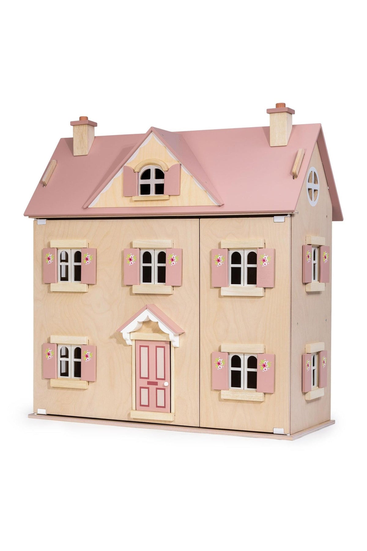 Wooden dollhouse with pink accents on a white background
