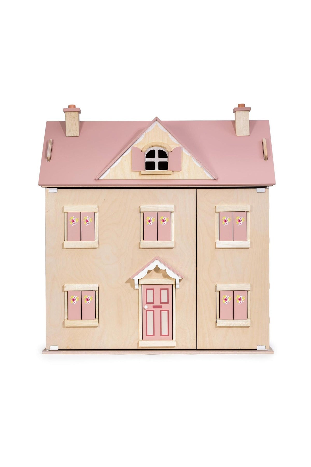 Wooden dollhouse with pink roof and windows on a white background