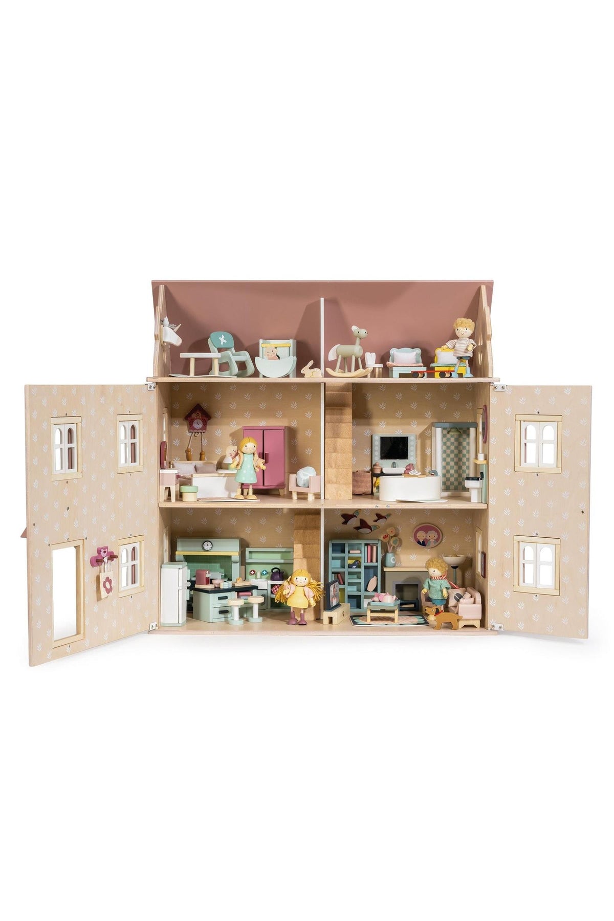 Wooden dollhouse with open doors showing interior rooms and furniture on a white background