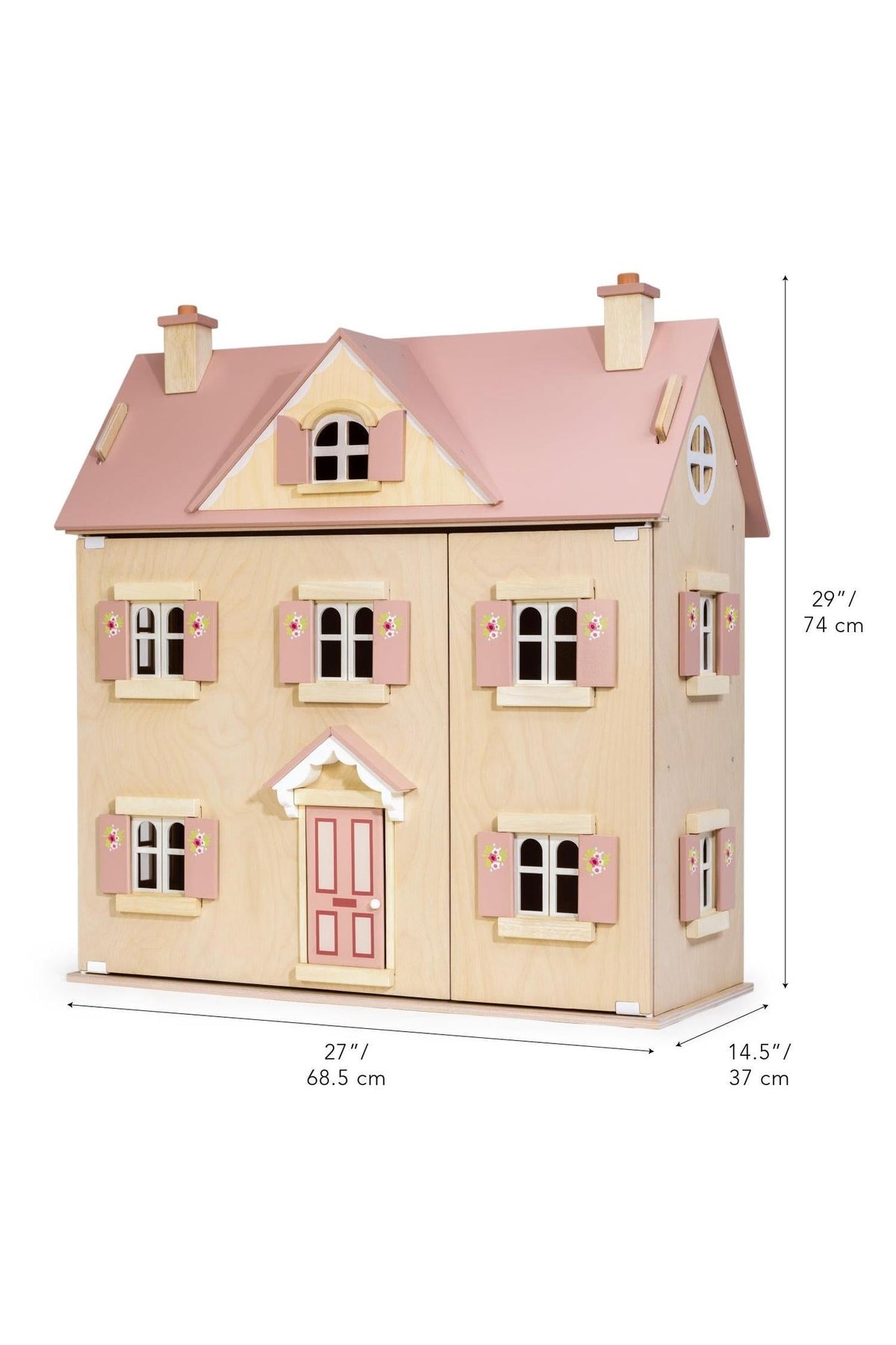 Wooden dollhouse with pink roof and measurements on a white background