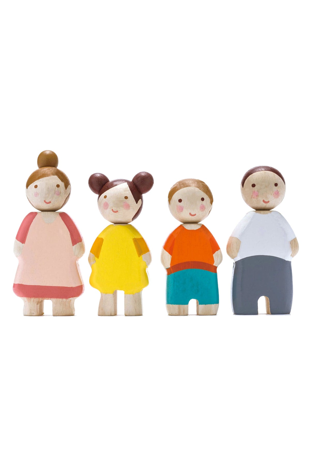 A set of four wooden family figures, including a mother, father, and two children, painted in bright colors.