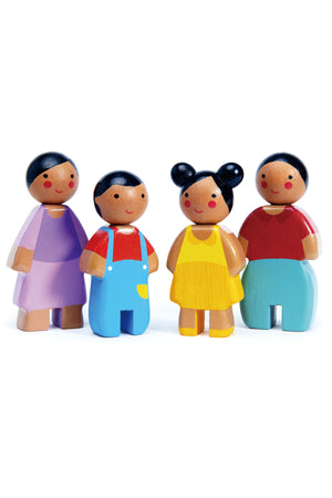 A colorful wooden doll family featuring four figures: a mother in purple, a father in red and blue, a daughter.