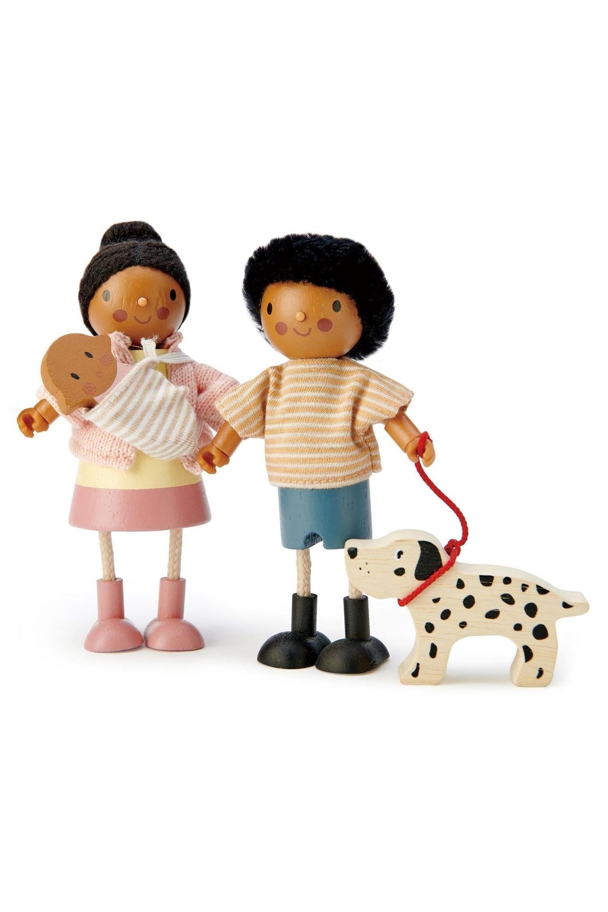 Wooden doll family with a baby and Dalmatian dog, featuring colorful knitted outfits and playful expressions.
