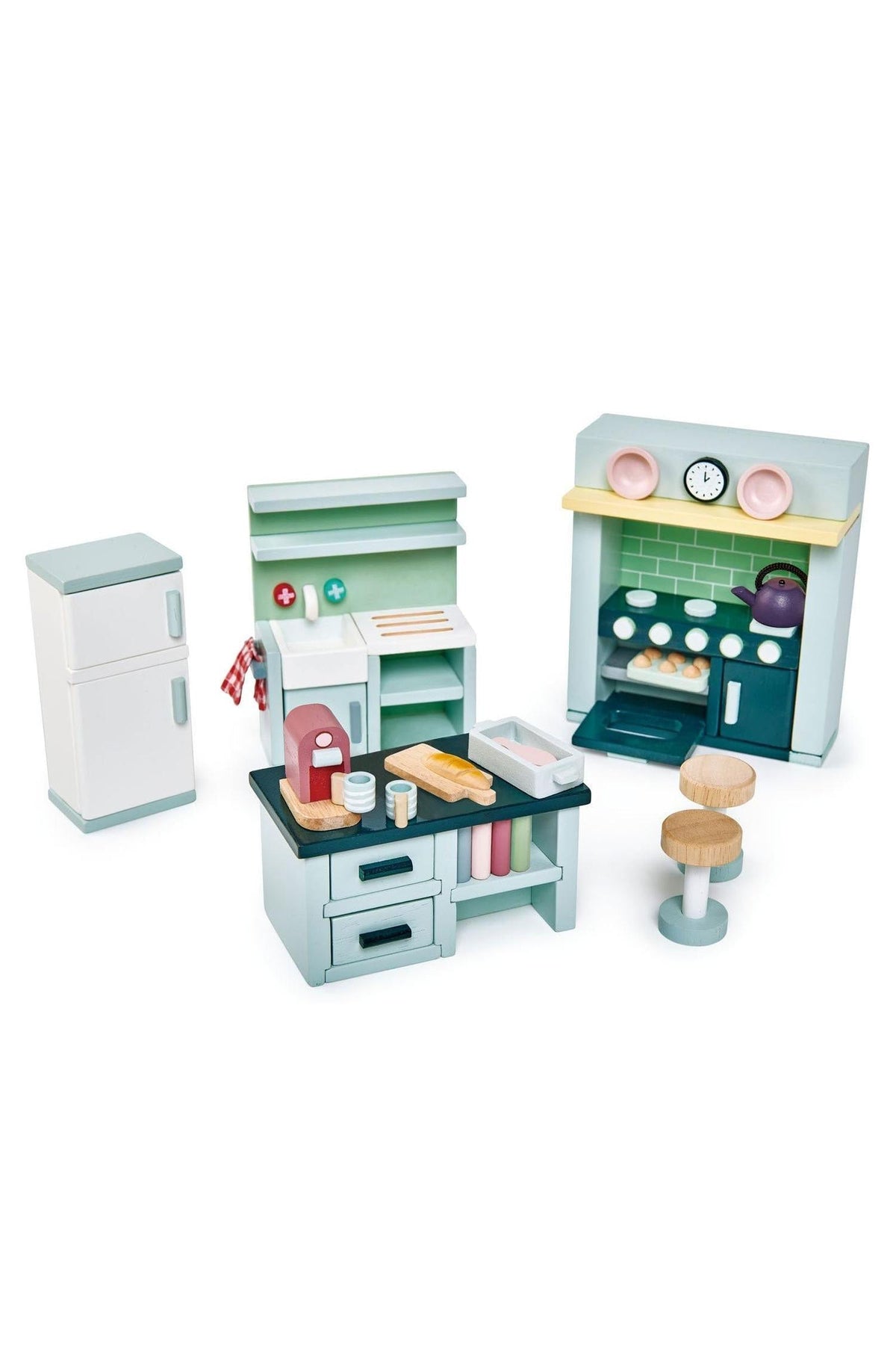 Set of toy kitchen furniture on a white background