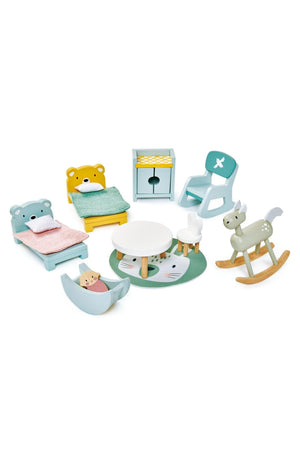 A colorful wooden dollhouse furniture set featuring two beds, a rocking horse, a table, and a chair, designed for imaginative.
