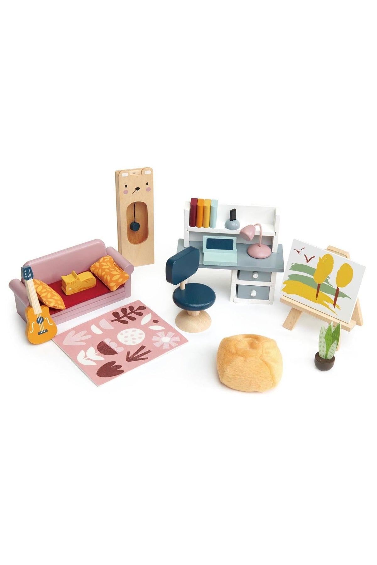A colorful wooden dollhouse furniture set includes a couch, swivel chair, desk, guitar, easel, and decorative plant, showcasing a creative workspace ideal for imaginative play.
