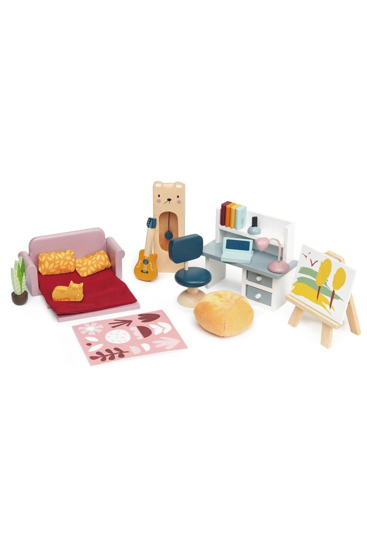 A colorful dollhouse study furniture set includes a pink sofa, a guitar, a desk with a laptop, and an easel, all crafted from sustainable wood for imaginative play.