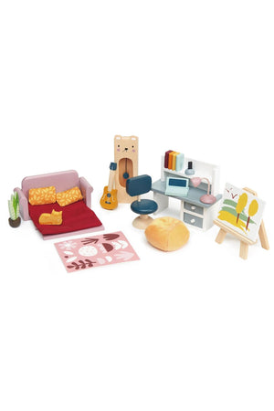 A colorful dollhouse study furniture set includes a pink sofa, a guitar, a desk with a laptop, and an easel, all crafted from sustainable wood for imaginative play.