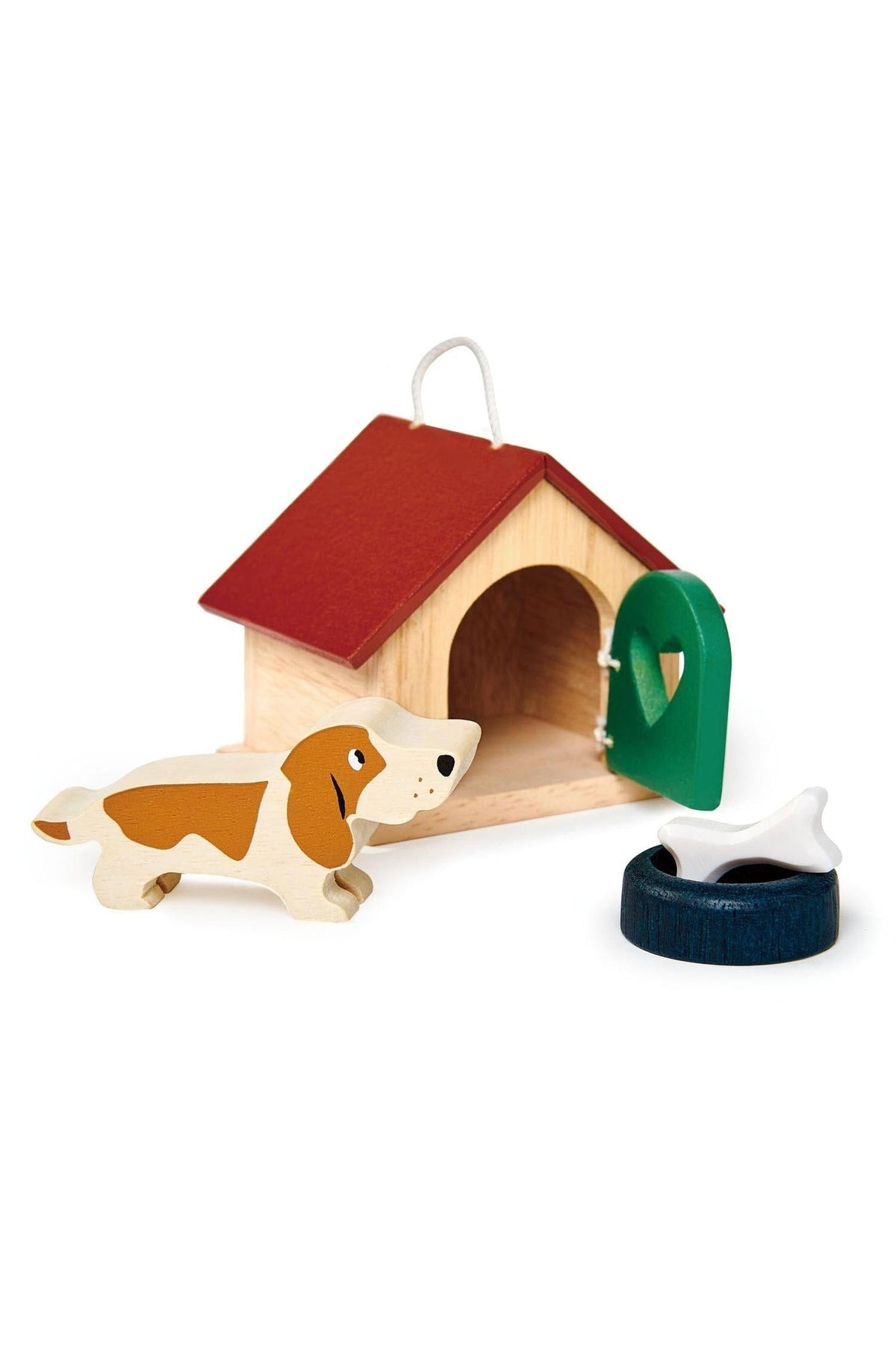 A wooden doghouse with a red roof, featuring a beagle figure and a blue dish with a bone.