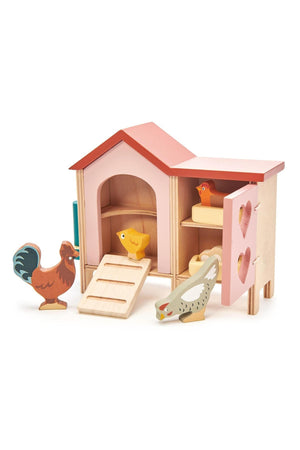 Colorful wooden chicken coop set featuring a rooster, hen, and chick, crafted from sustainable materials for imaginative play.
