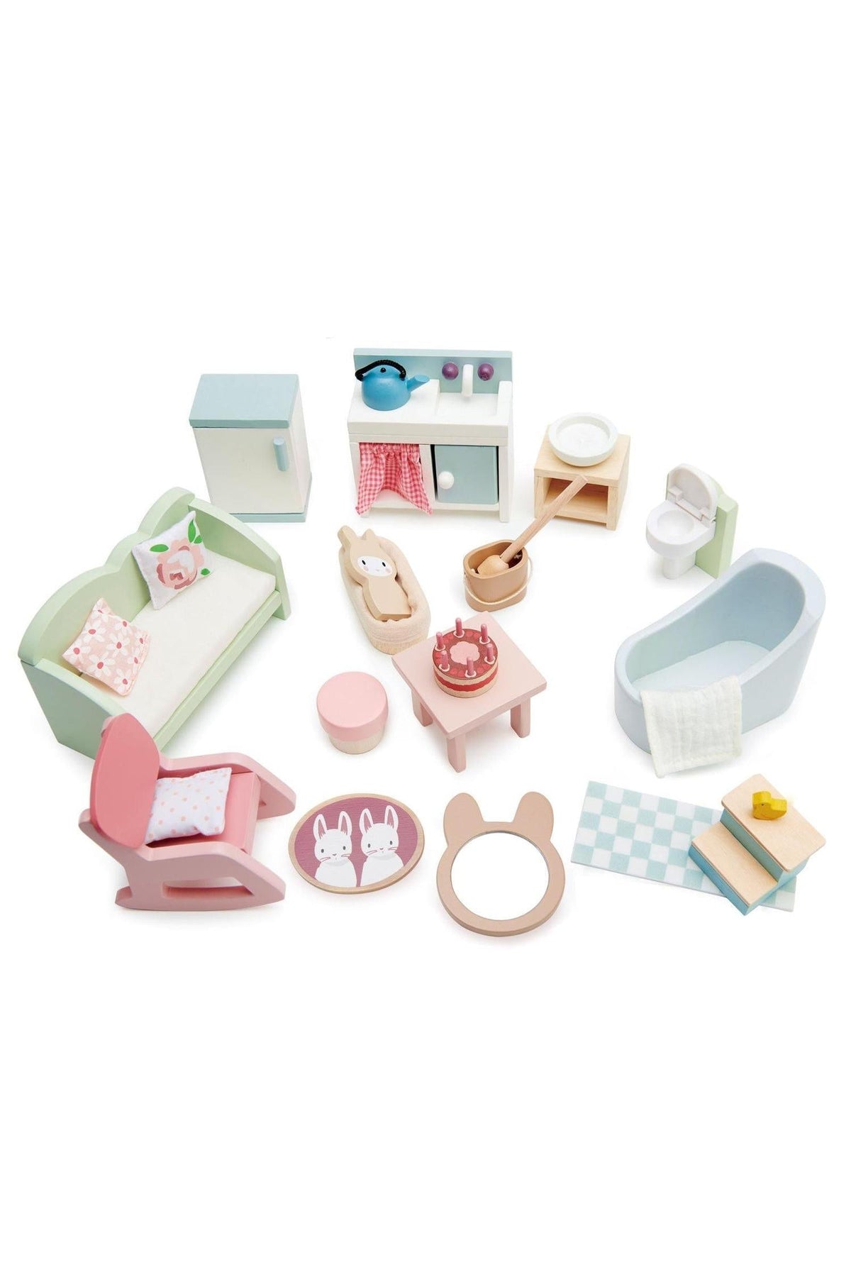 A variety of pastel-colored wooden dollhouse furniture pieces are arranged, including a couch, kitchen items, and a bathtub, all designed for imaginative play.