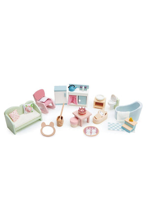 A colorful wooden dollhouse furniture set includes a sofa, chair, kitchen, bathtub, and accessories in pastel tones.