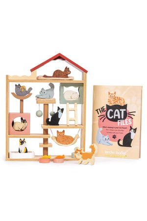 A colorful wooden cat hotel from Tender Leaf Toys features various cats playing and resting on shelves.