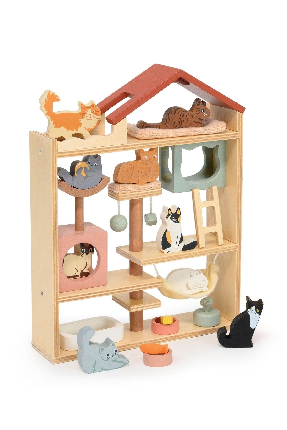 Wooden cat playhouse with various cat-shaped toys on a white background