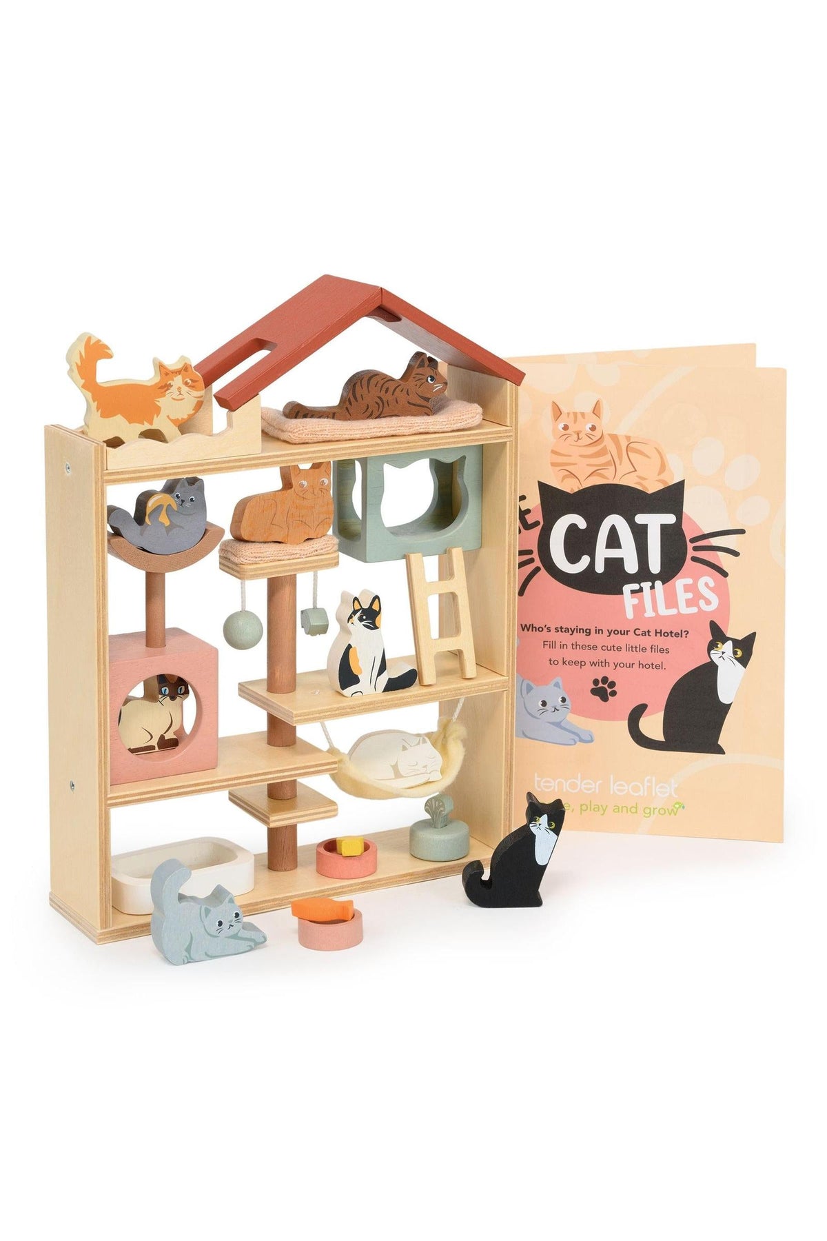 A colorful wooden cat hotel features multiple levels with playful cats and kittens. The set includes soft beds and a booklet titled Cat Files, designed for imaginative play.