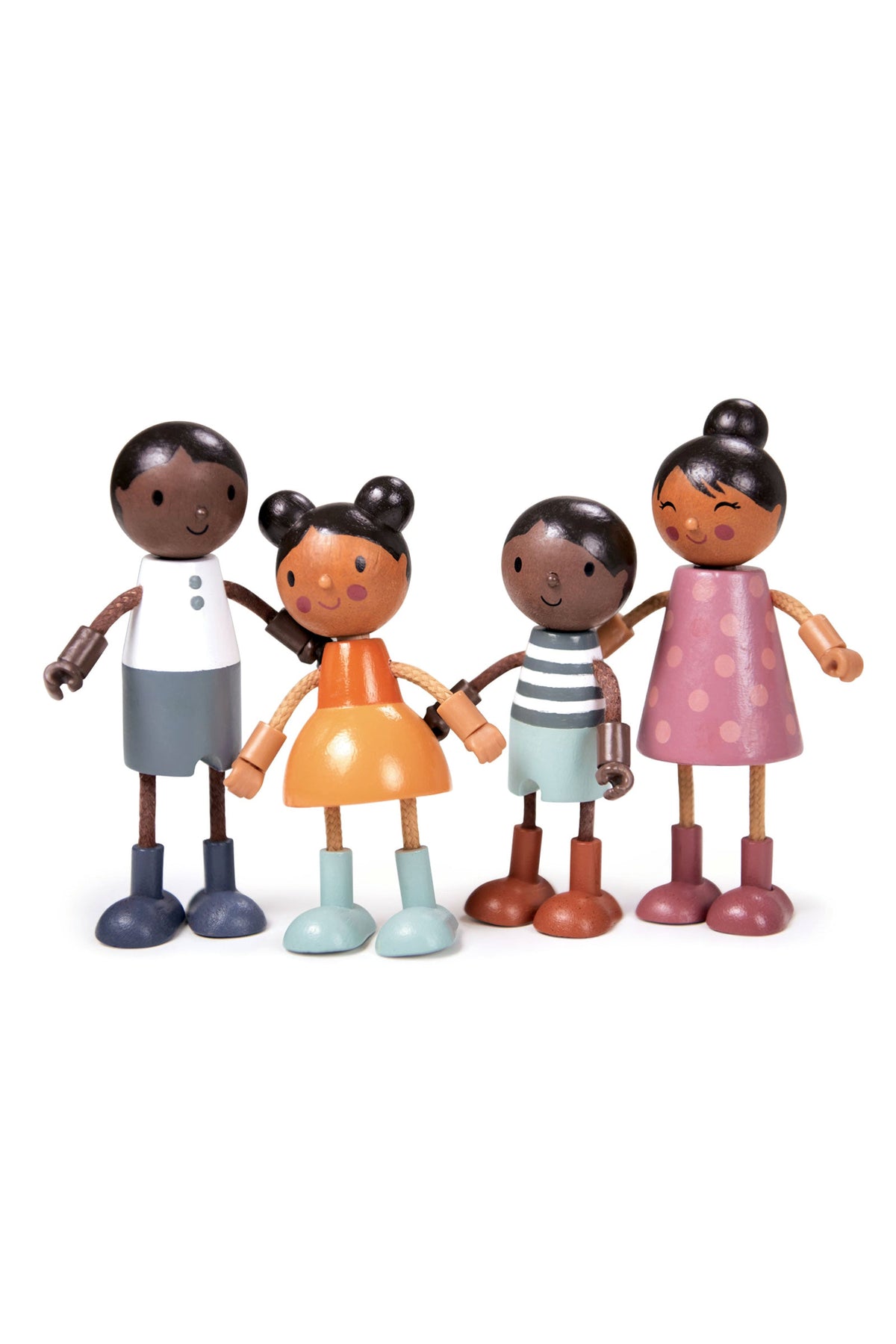 A multicultural wooden doll family stands together, featuring flexible limbs, colorful outfits, and friendly expressions. Ideal for imaginative play.