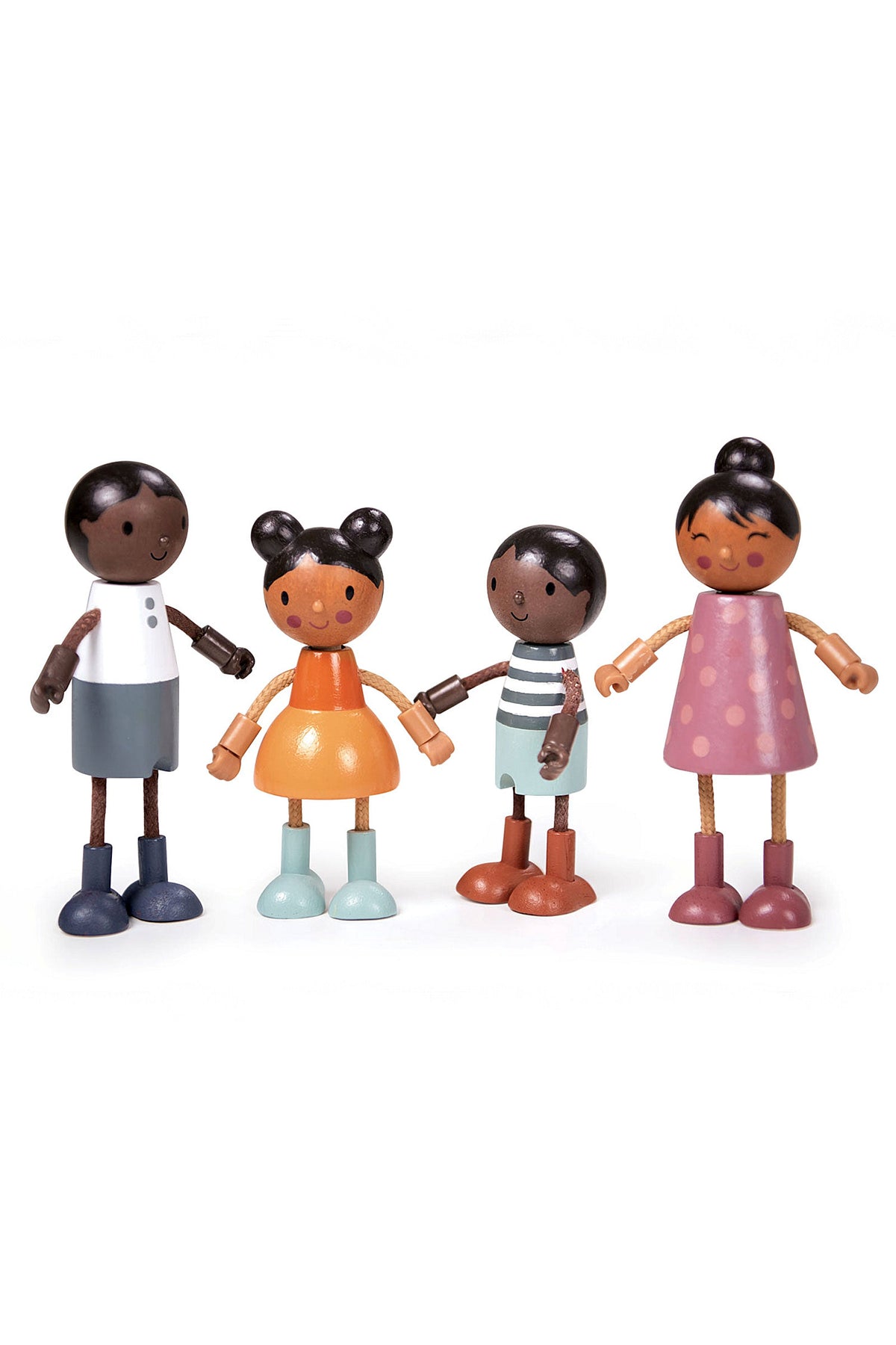A multicultural wooden doll family stands together, featuring flexible limbs and colorful outfits, perfect for imaginative play.