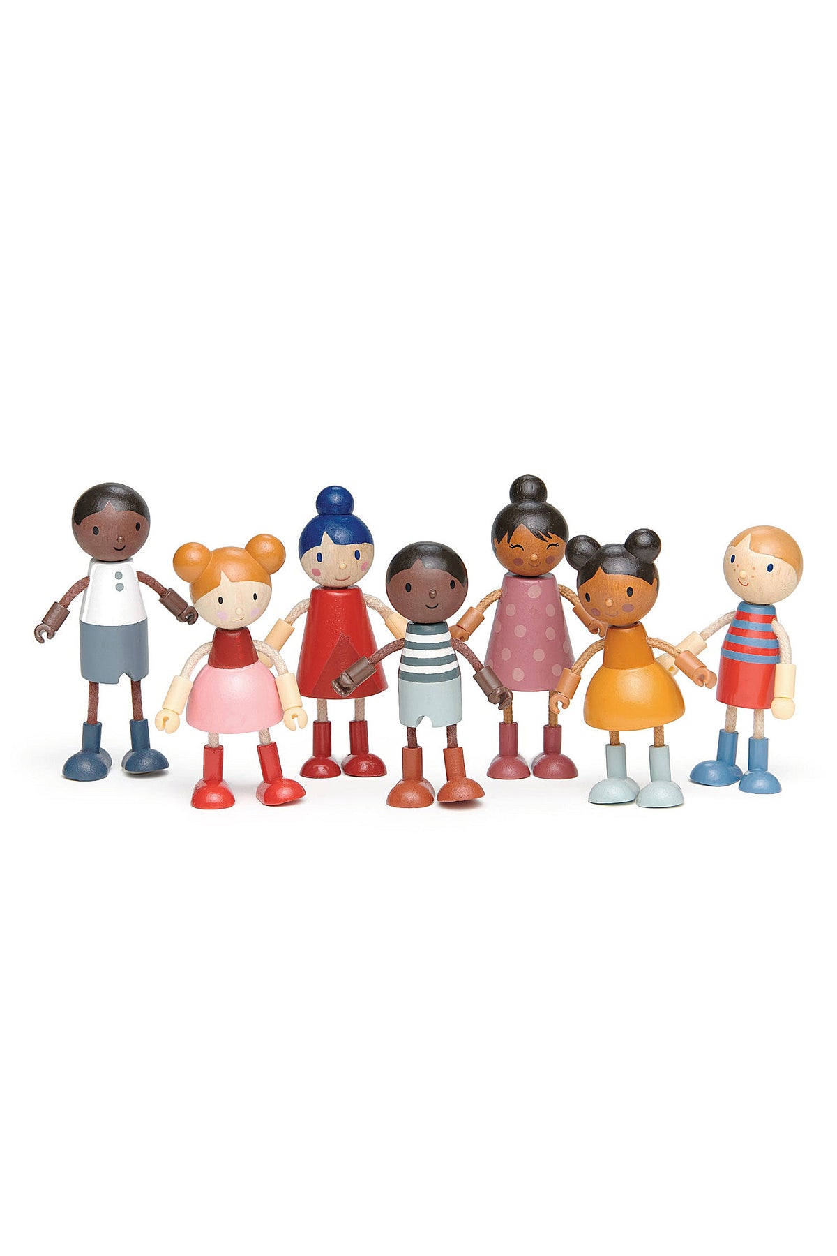A colorful set of eight multicultural wooden dolls, each with poseable limbs, showcasing diverse hairstyles and outfits.
