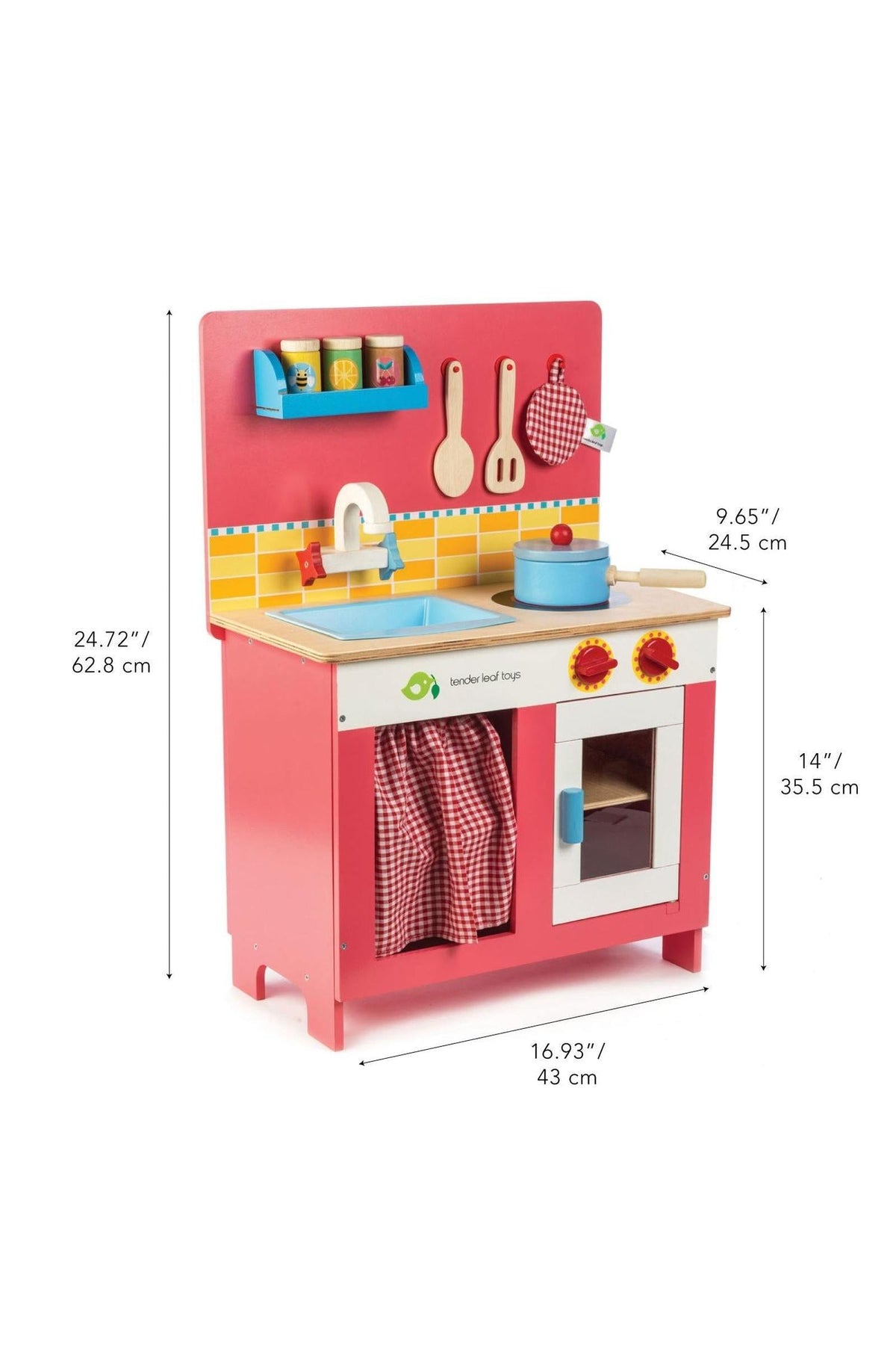 Brightly colored Tender Leaf Wooden Toys Cherry Pie Kitchen features a pink wooden structure with a sink, stove, and vibrant accessories.