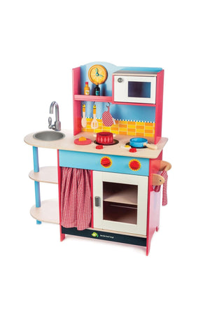 Colorful toy kitchen set with various appliances on a white background