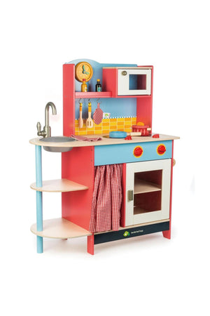 Colorful wooden play kitchen set featuring a sink, oven, and shelves, designed for imaginative play. Ideal for young chefs.