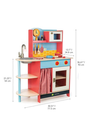Brightly colored wooden play kitchen featuring a sink, oven, and cheerful red gingham accents, designed for imaginative cooking play.