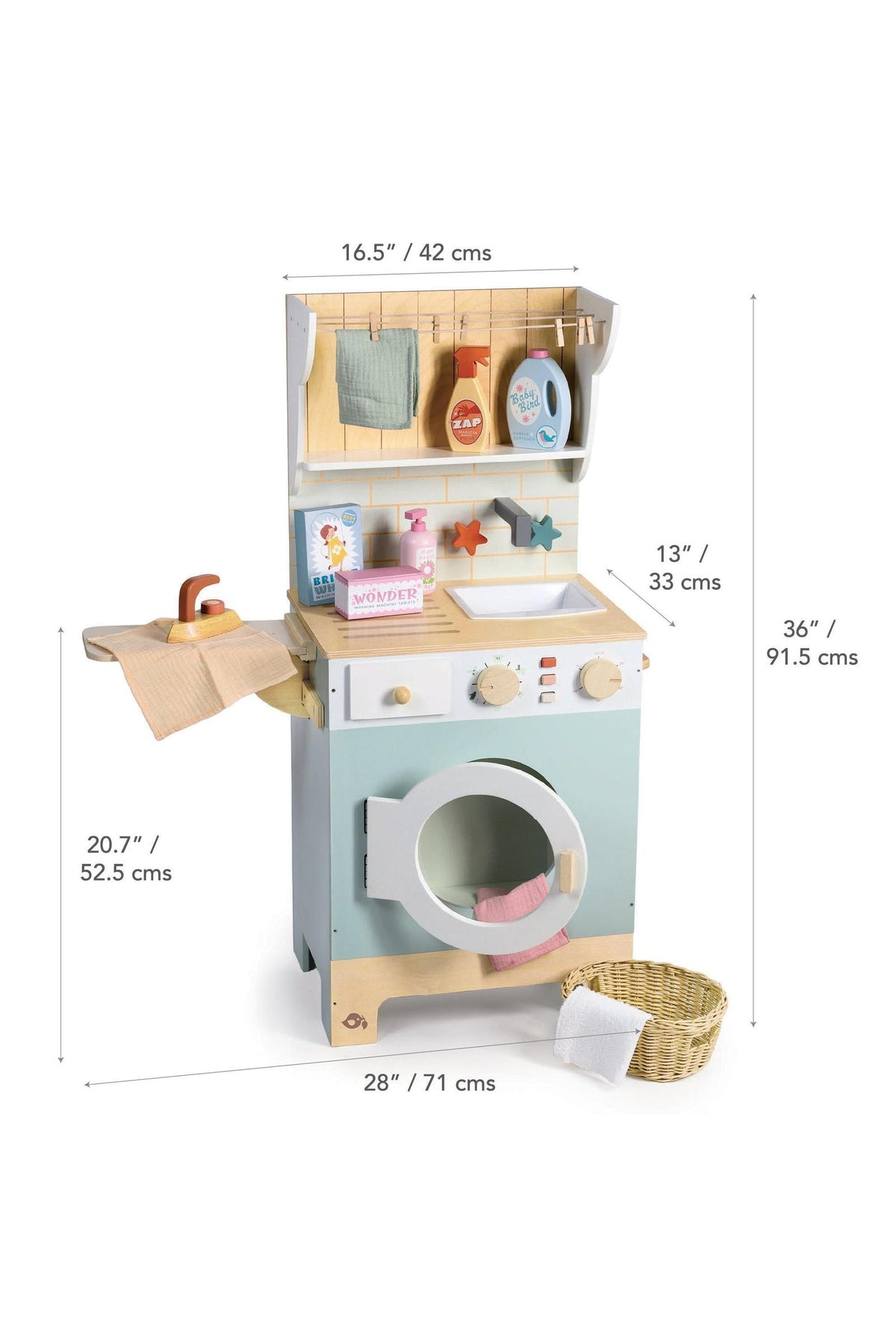 A wooden toy laundry unit from Tender Leaf features a pastel blue washing machine, shelves with pretend laundry supplies, and a wicker basket, designed for imaginative play in children ages.