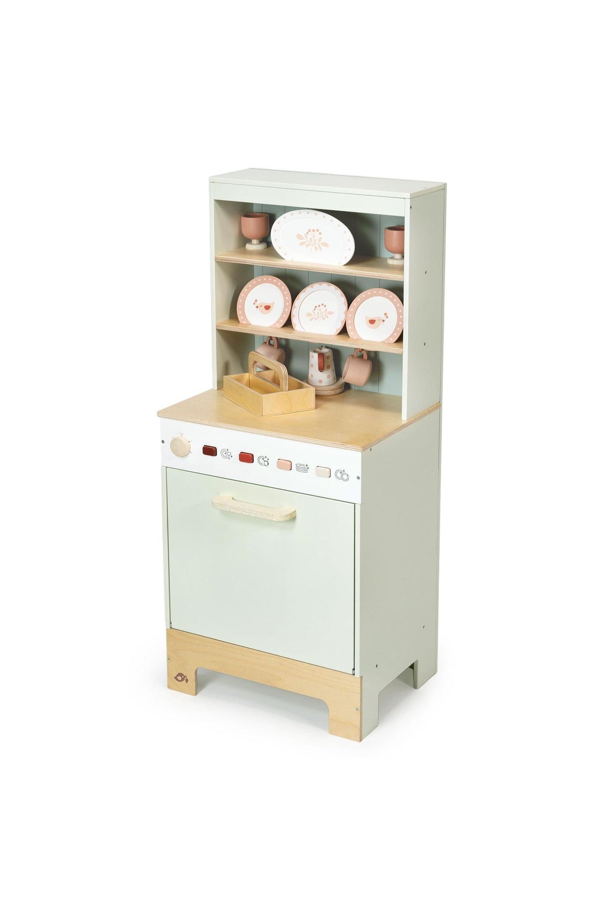 Children's wooden dishwasher with shelves and toy utensils on a white background