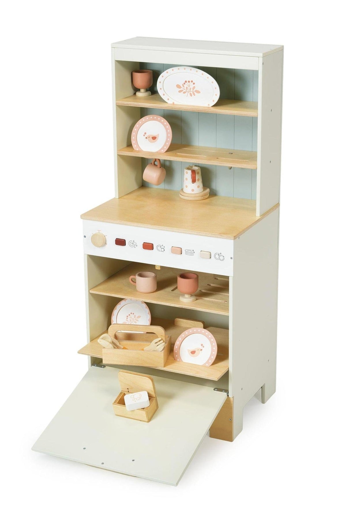 Children's play dishwasher with shelves and accessories on a white background