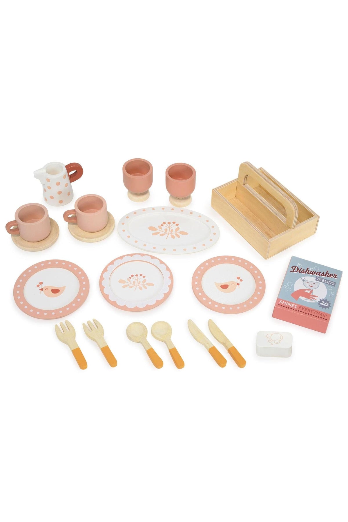 Wooden toy kitchen set with plates, cups, utensils, and a dishwasher on a white background