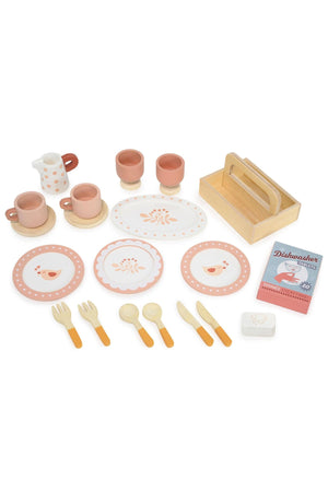 Wooden toy kitchen set with plates, cups, utensils, and a dishwasher on a white background