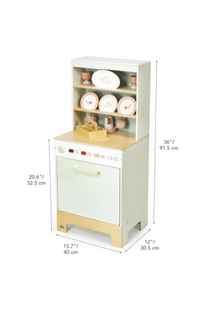 Children's play dishwasher with dimensions on a white background