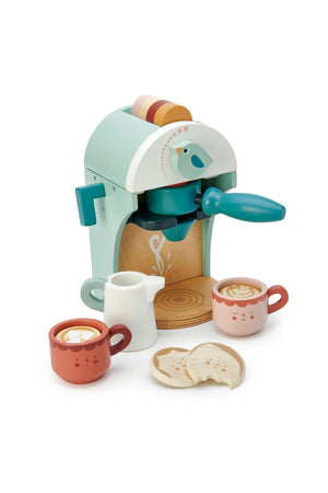 Tender Leaf Wooden Toys babyccino maker features soft colors, a bird dial, and includes cups, a milk jug, and biscuits.