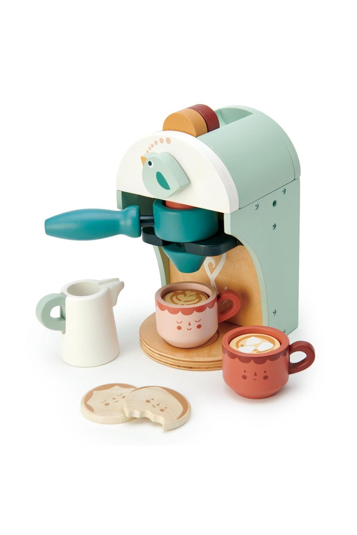 Tender Leaf Wooden Toys babyccino maker in soft colors, featuring two coffee cups, a milk jug, and playful biscuit shapes.