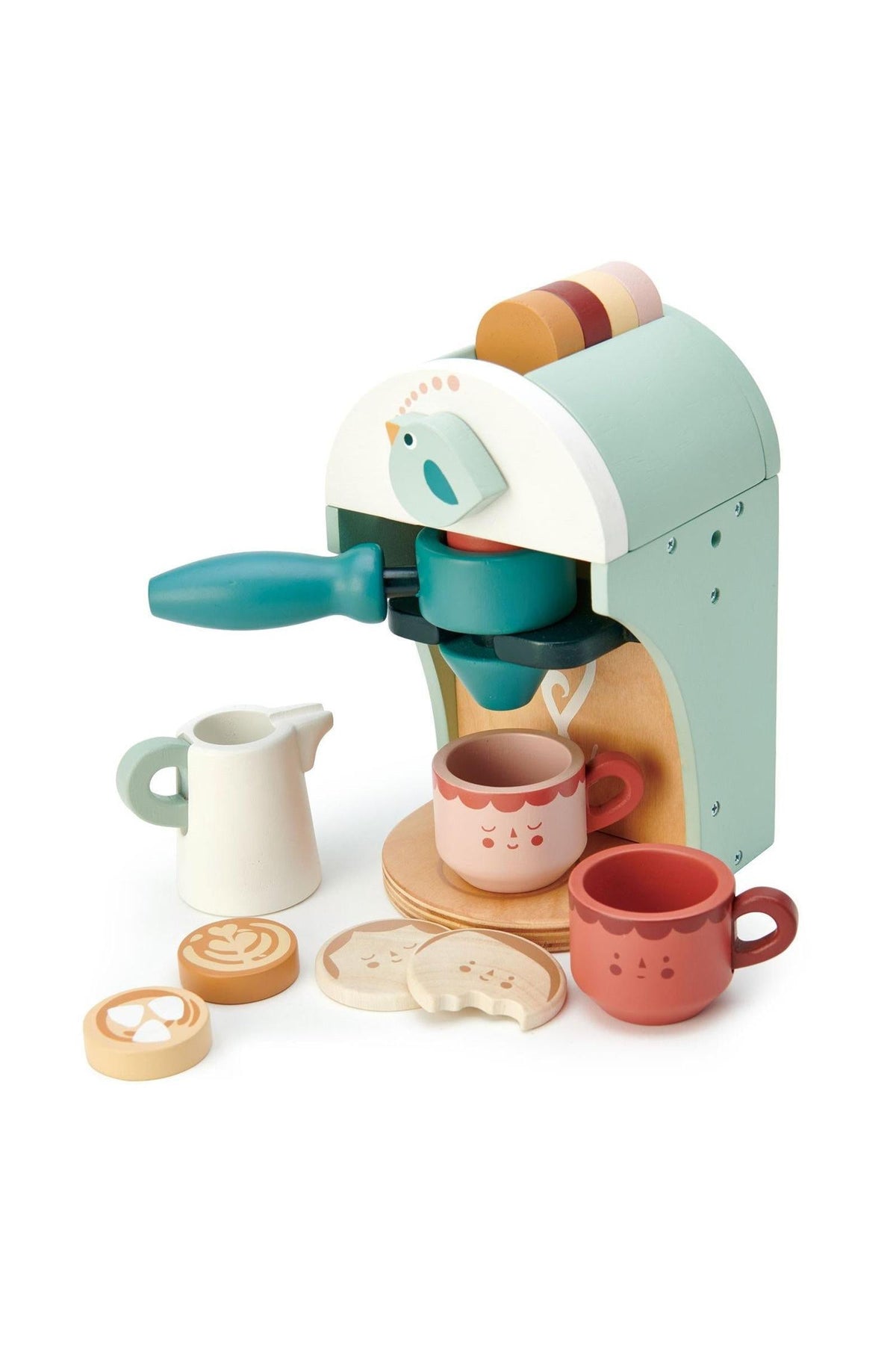 Wooden babyccino maker in soft pastel colors, featuring two coffee cups, a milk jug, and biscuit accessories for imaginative play.