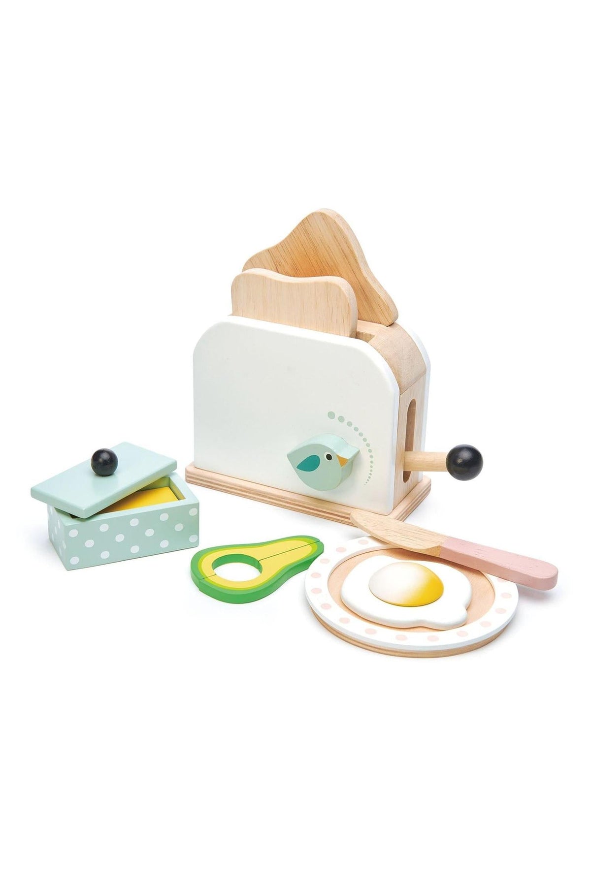 A wooden toaster set featuring two slices of bread, a wooden knife, a poached egg, and avocado slices, all in.