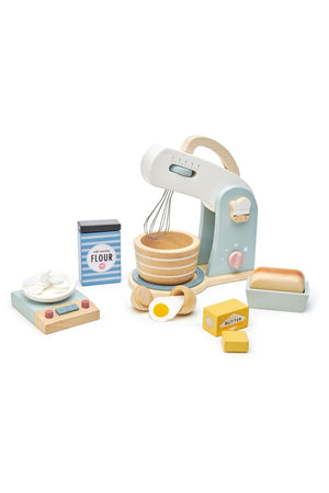 A colorful wooden mixer set featuring a whisk, bowl, eggs, and flour box, promoting imaginative baking play for children.