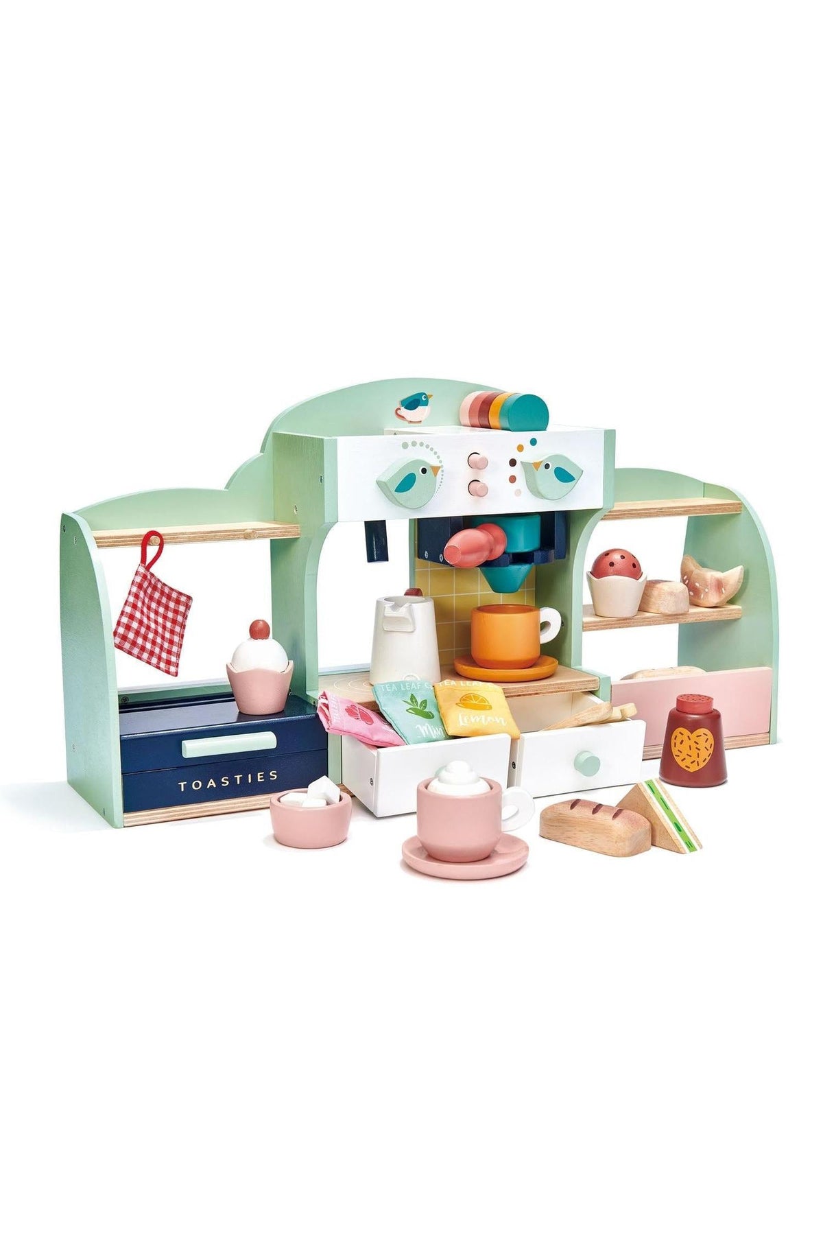 Colorful wooden café playset featuring a coffee machine, cups, pastries, and accessories. Designed for imaginative play, encouraging creativity and fine.