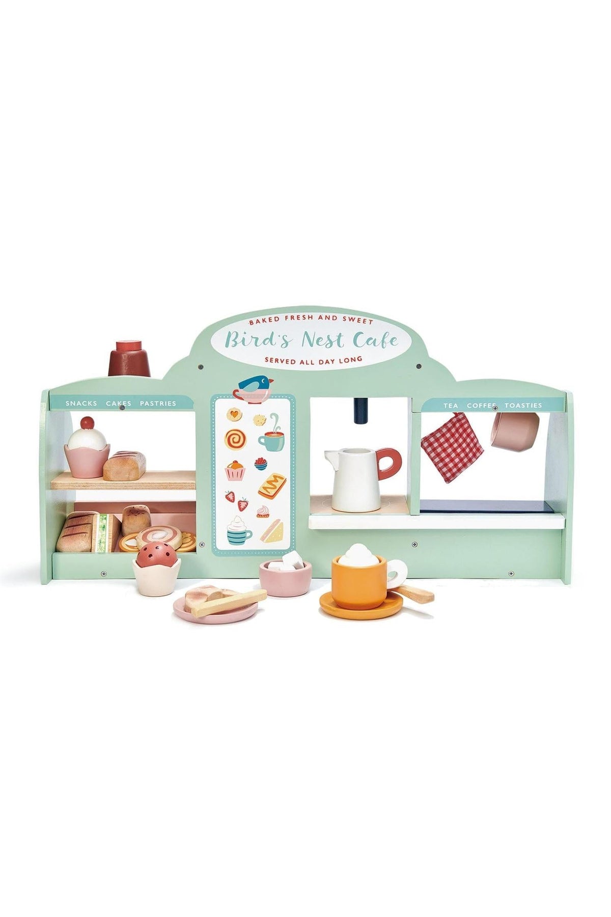 A colorful wooden café playset featuring a display with pastries, a coffee pot, and cups, promoting imaginative play for children.