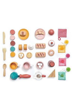 Colorful wooden play food set featuring cups, pastries, and accessories, ideal for imaginative play.