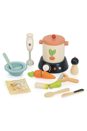 A colorful wooden soup maker set features a pot with a lid, utensils, and vegetable pieces, all crafted from sustainable materials. Ideal for imaginative play in childrens kitchens.