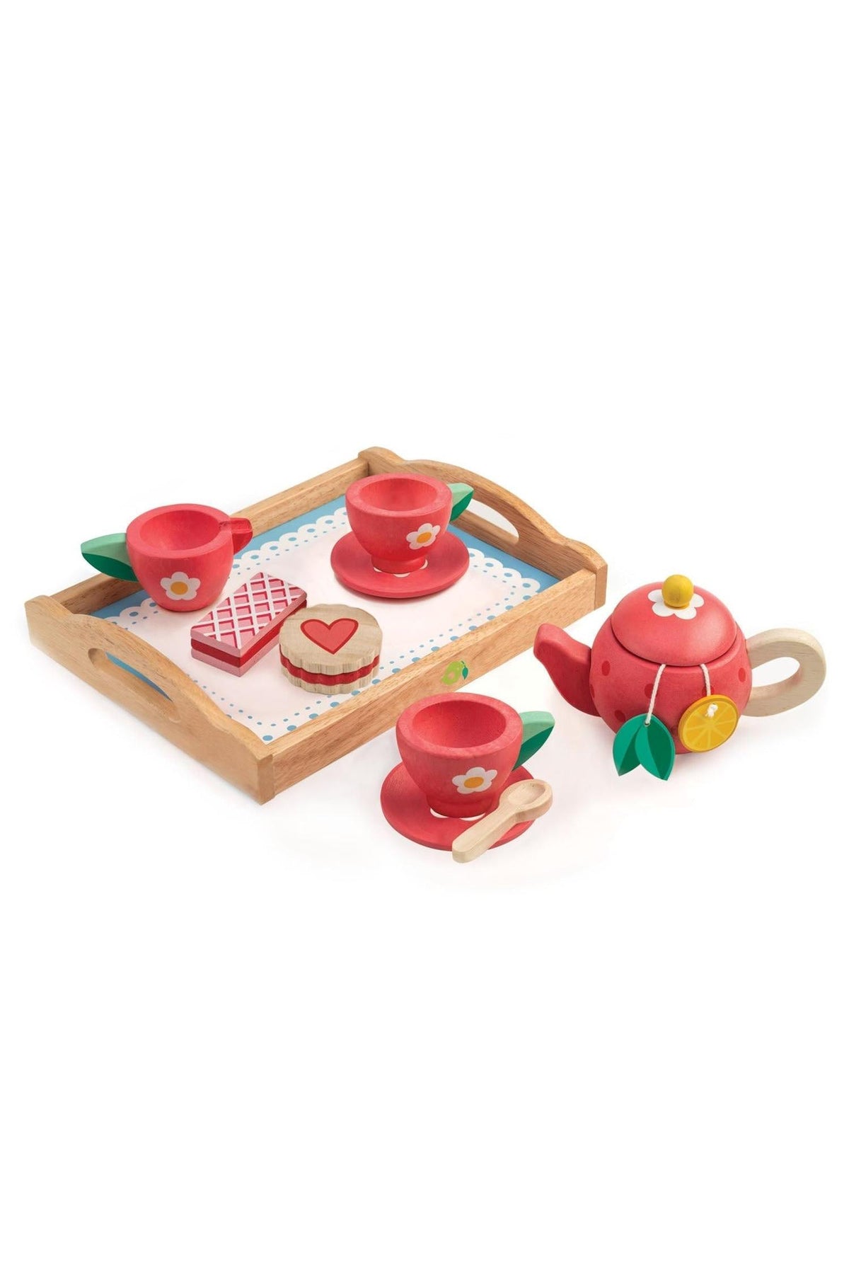 A colorful wooden tea set featuring a tray, two cups with saucers, a teapot with fruit details, and biscuits.
