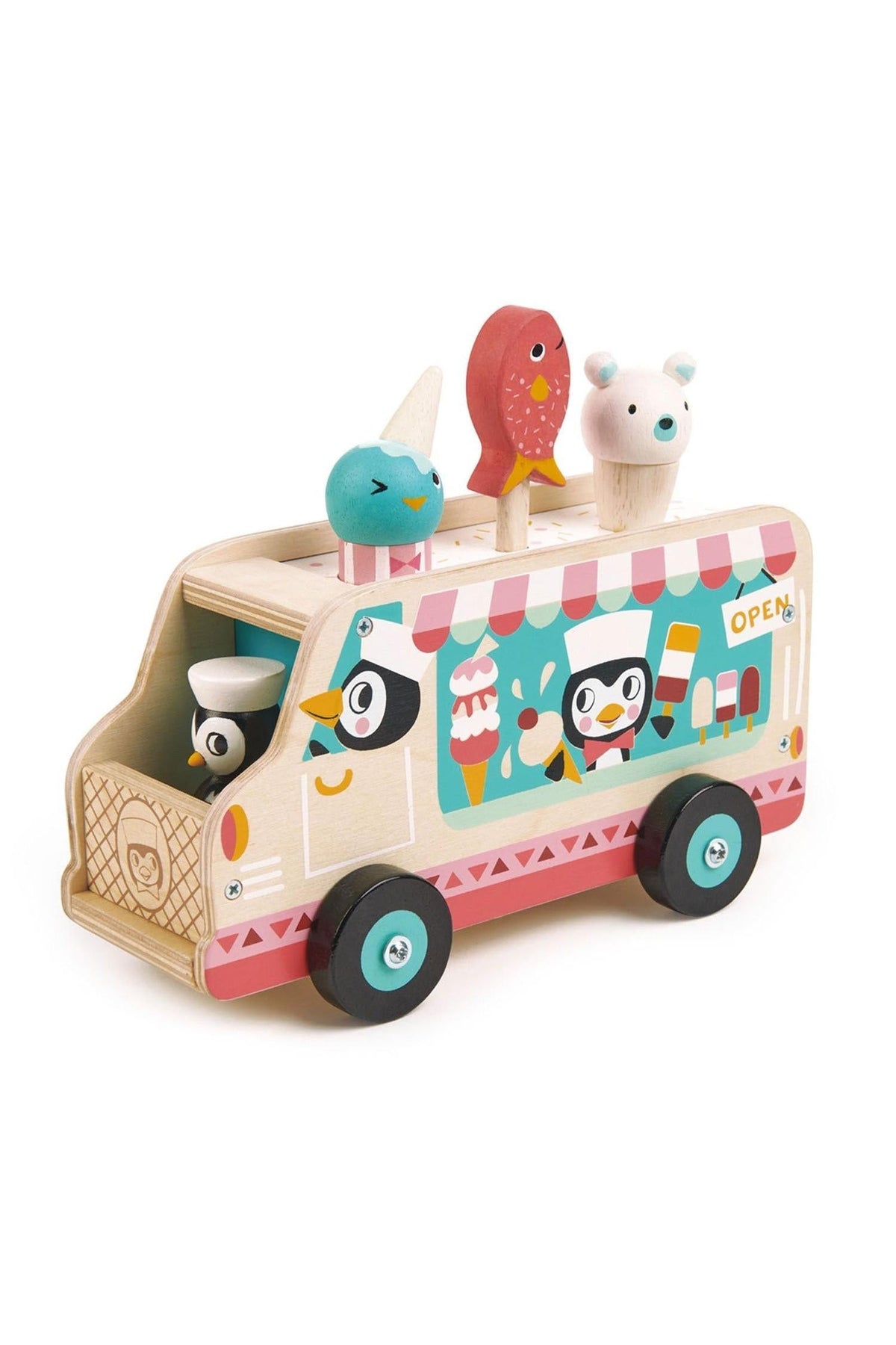 A colorful wooden gelato van features playful penguins, removable ice cream figures, and black wheels, designed for imaginative play.