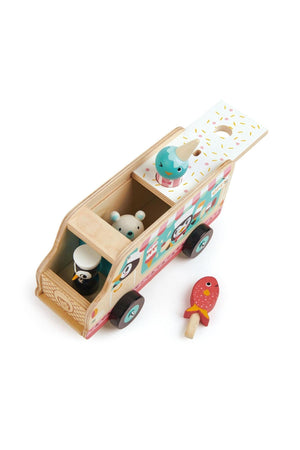 Colorful wooden gelato van with two penguin figures, removable lid, and three ice cream toys, promoting imaginative play for children.