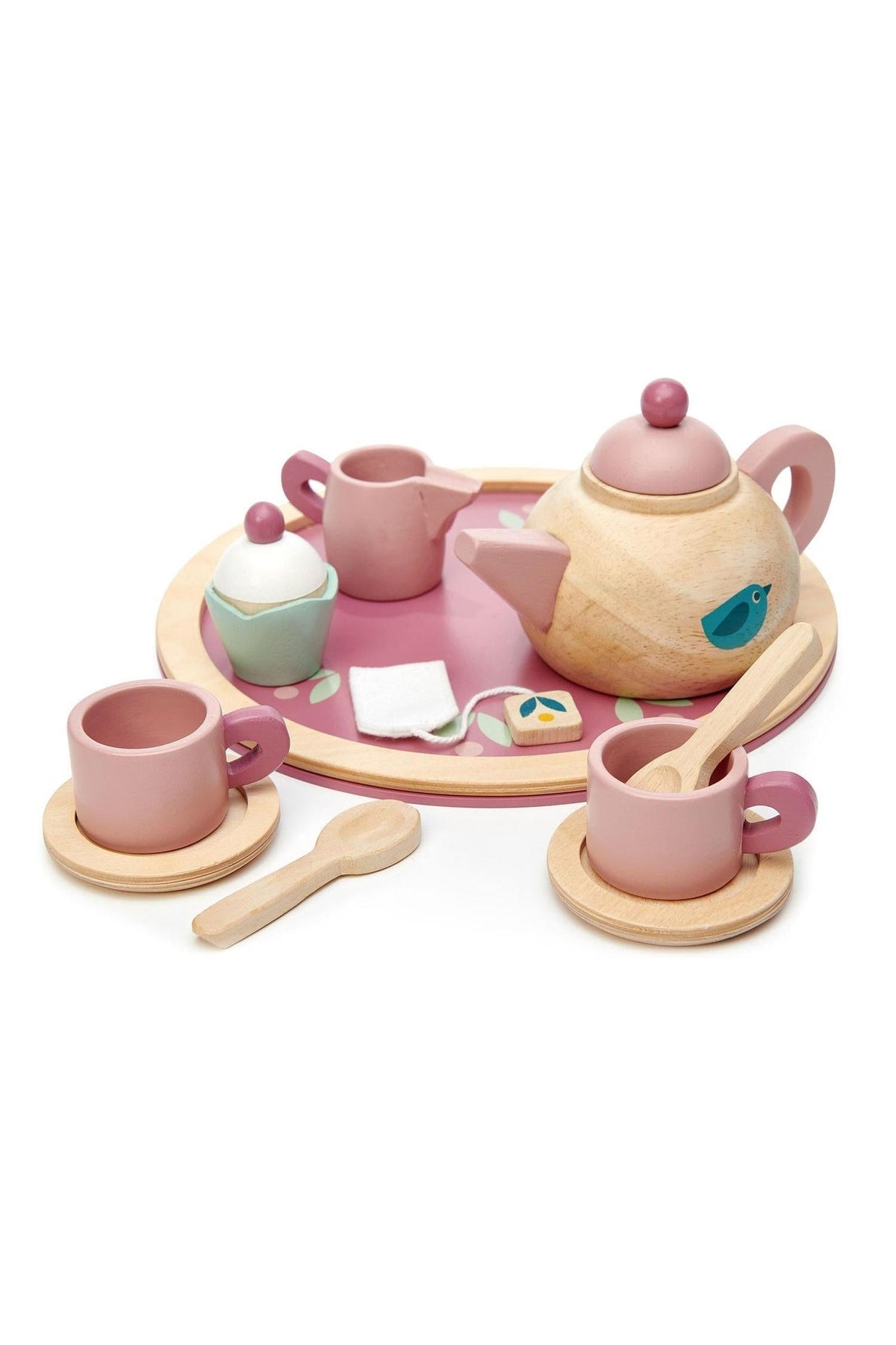 A charming wooden tea set from Tender Leaf featuring a light wood teapot and pink accessories, including cups, a milk jug, and a cupcake, all arranged on a decorative tray.