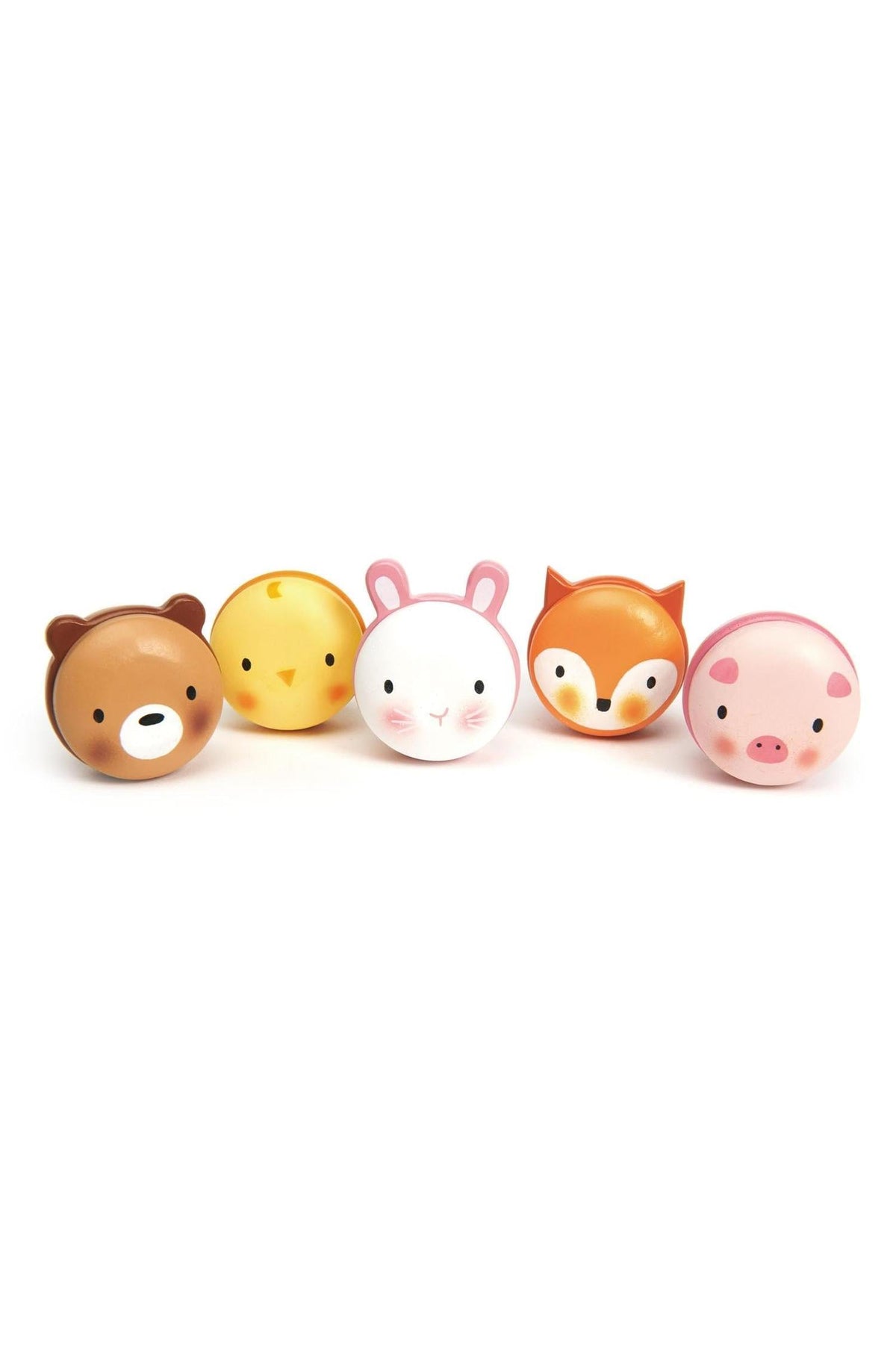 Five colorful animal-shaped wooden toys featuring a bear, chick, bunny, fox, and pig, crafted from sustainable materials.