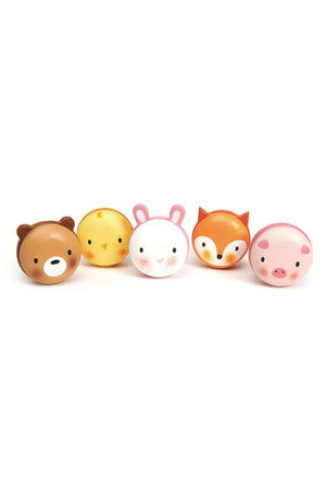 Five colorful animal-shaped wooden toys featuring a bear, chick, bunny, fox, and pig, crafted from sustainable materials.