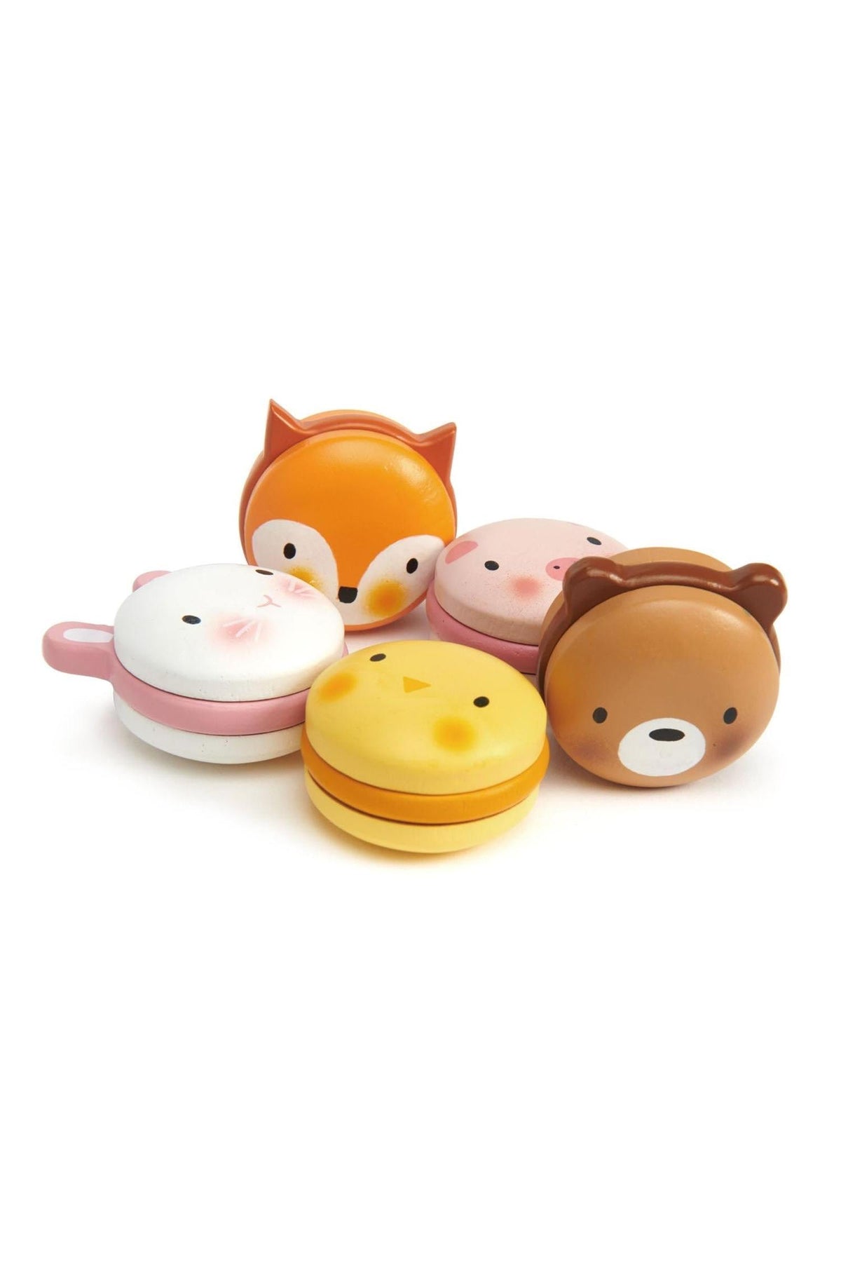 Five adorable animal-themed containers in pastel colors, featuring a fox, cat, chick, pig, and bear, crafted from durable materials.