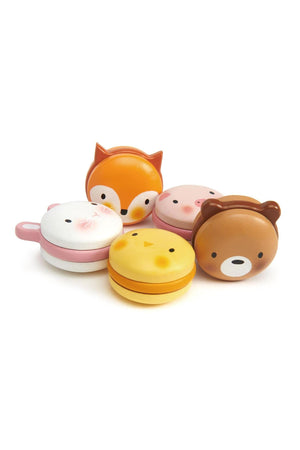 Five adorable animal-themed containers in pastel colors, featuring a fox, cat, chick, pig, and bear, crafted from durable materials.